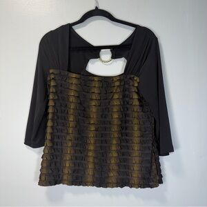 I.N. Studio Black and Gold Ruffle Square Neck‎ 3/4 Sleeve Blouse Sz Med NWT